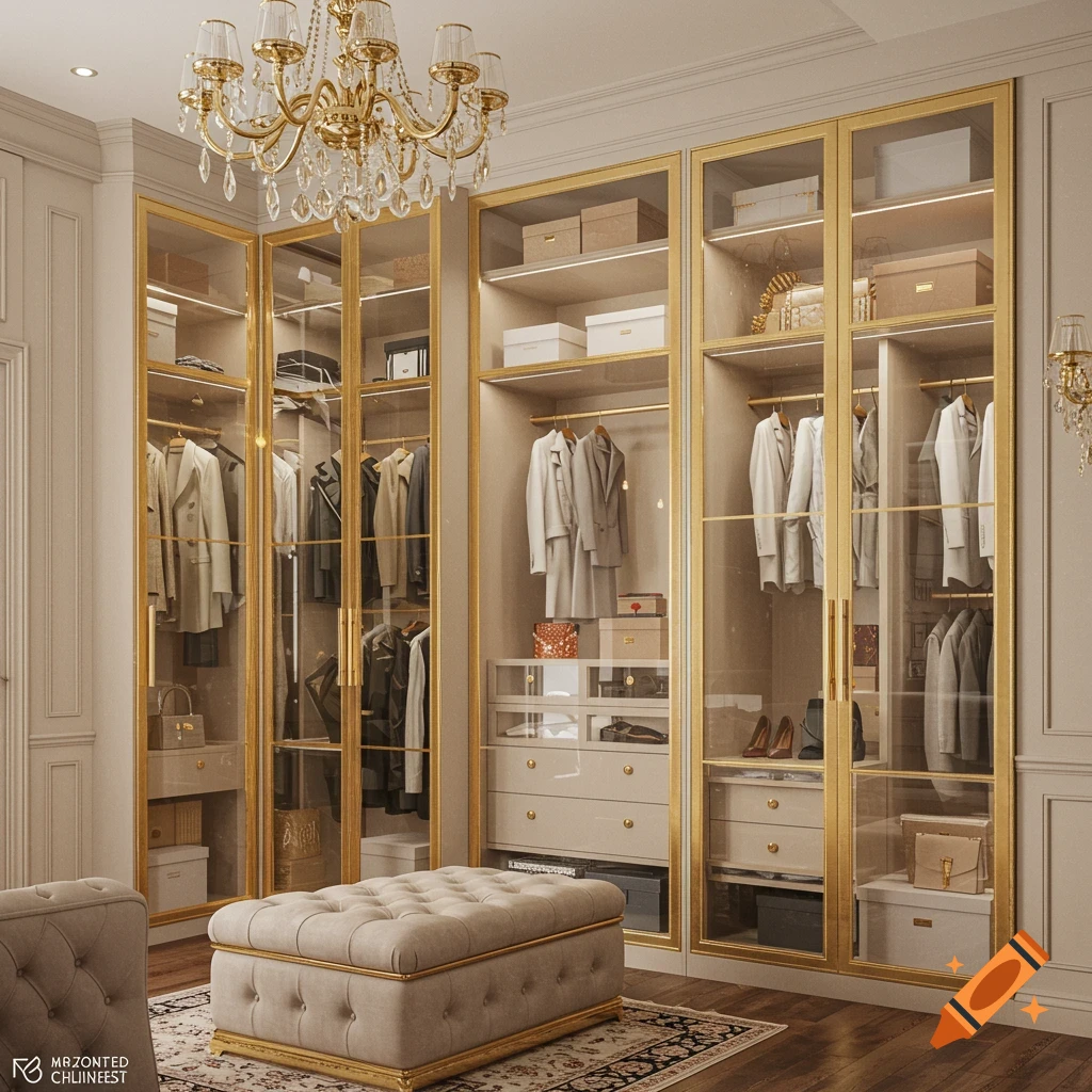 Luxurious walk-in closet with gold-trimmed glass doors, clothes, and ottoman.