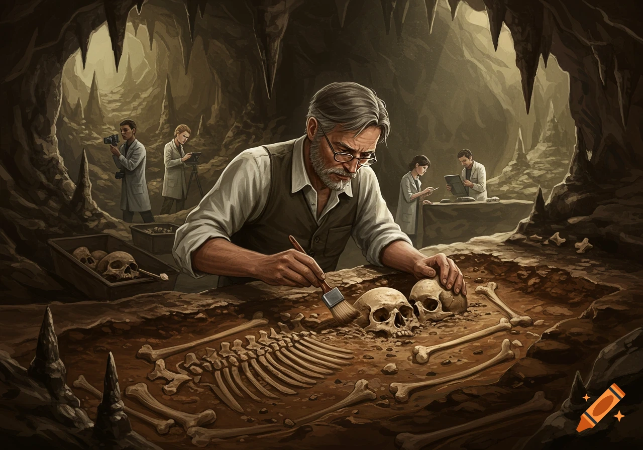 Archaeologist excavating a skeleton in a cave with other researchers in the background.