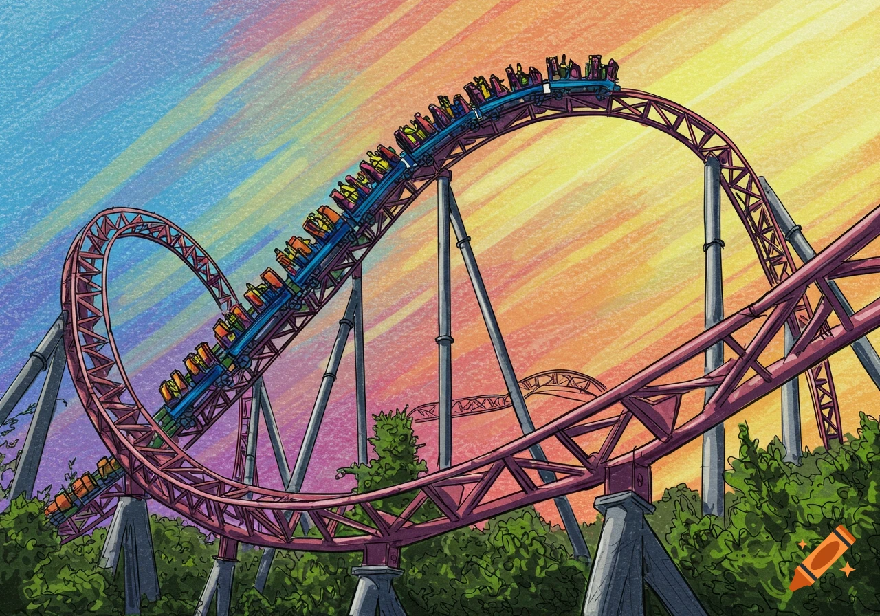 Illustration of a roller coaster against a colorful sky.