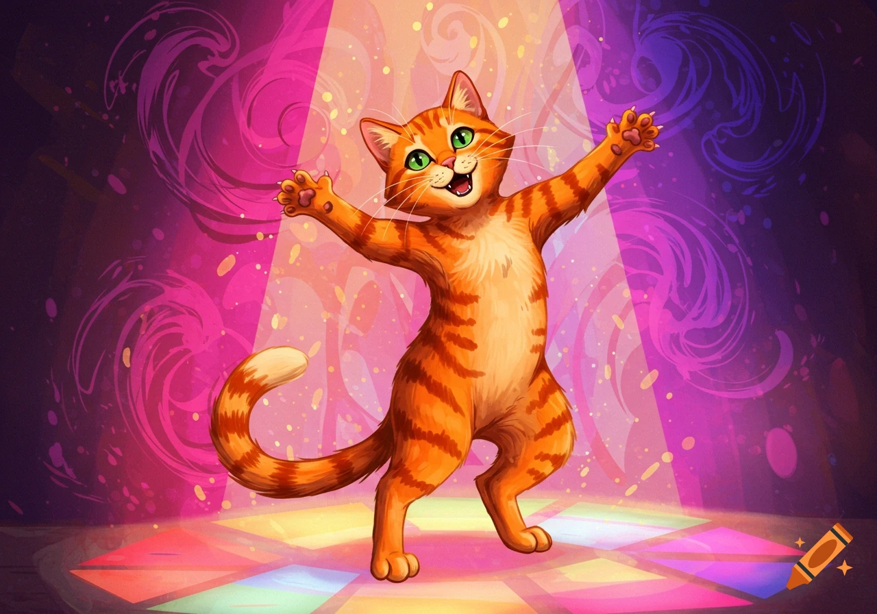 Orange tabby cat dancing on a colorful disco floor under spotlights