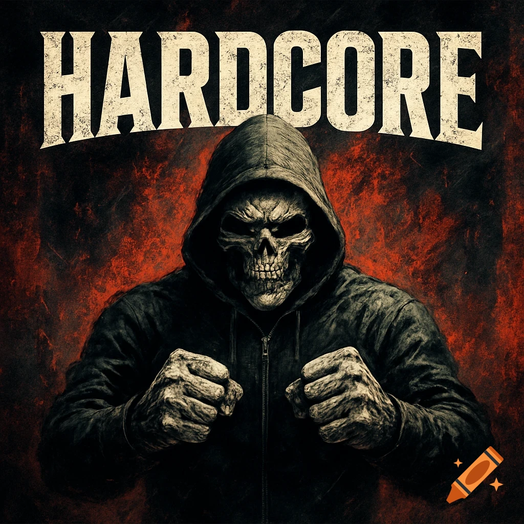 A gritty illustration of a skeletal figure in a hoodie with clenched fists below the word HARDCORE.