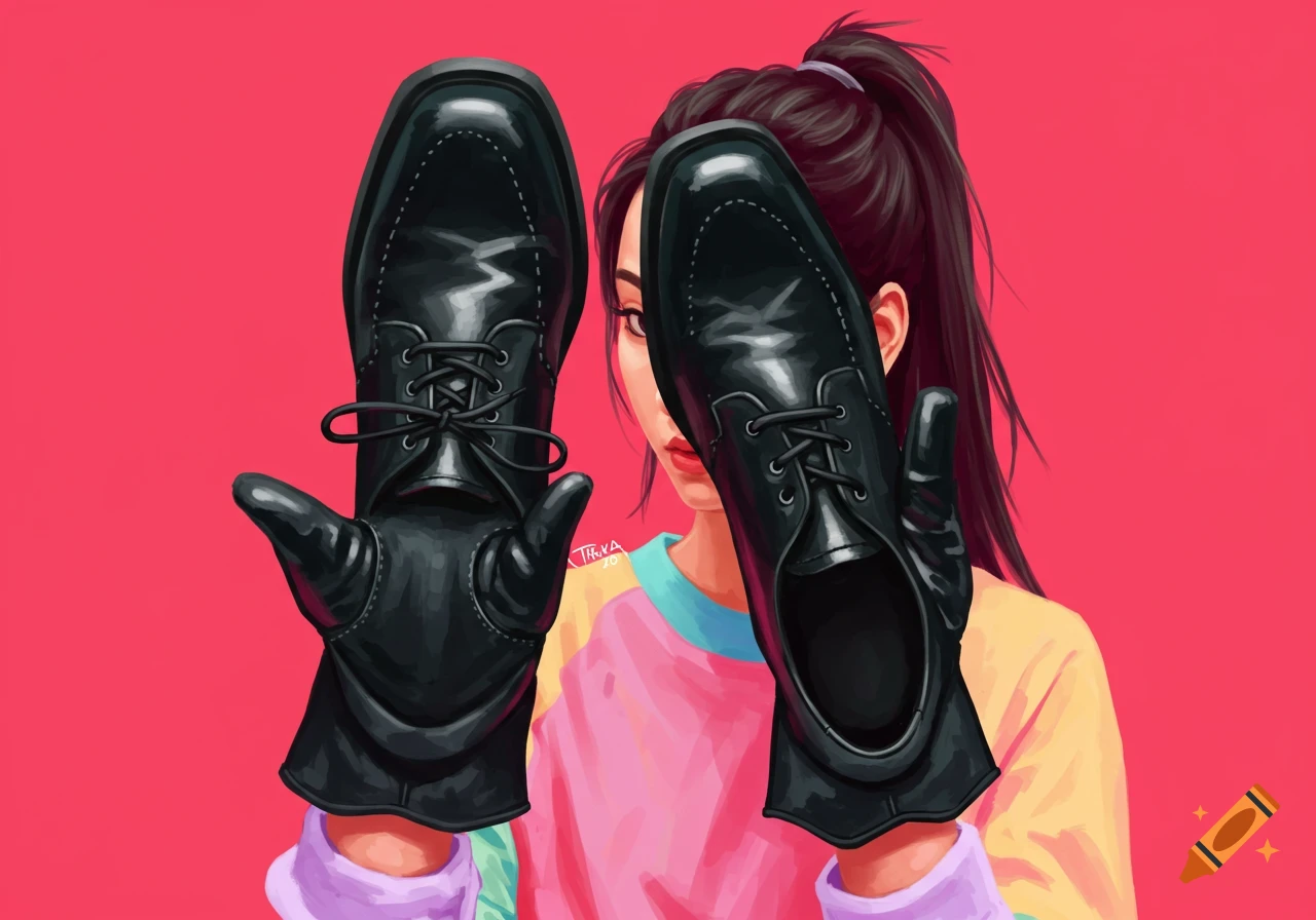 Digital painting of a person holding black shoes in front of their face.