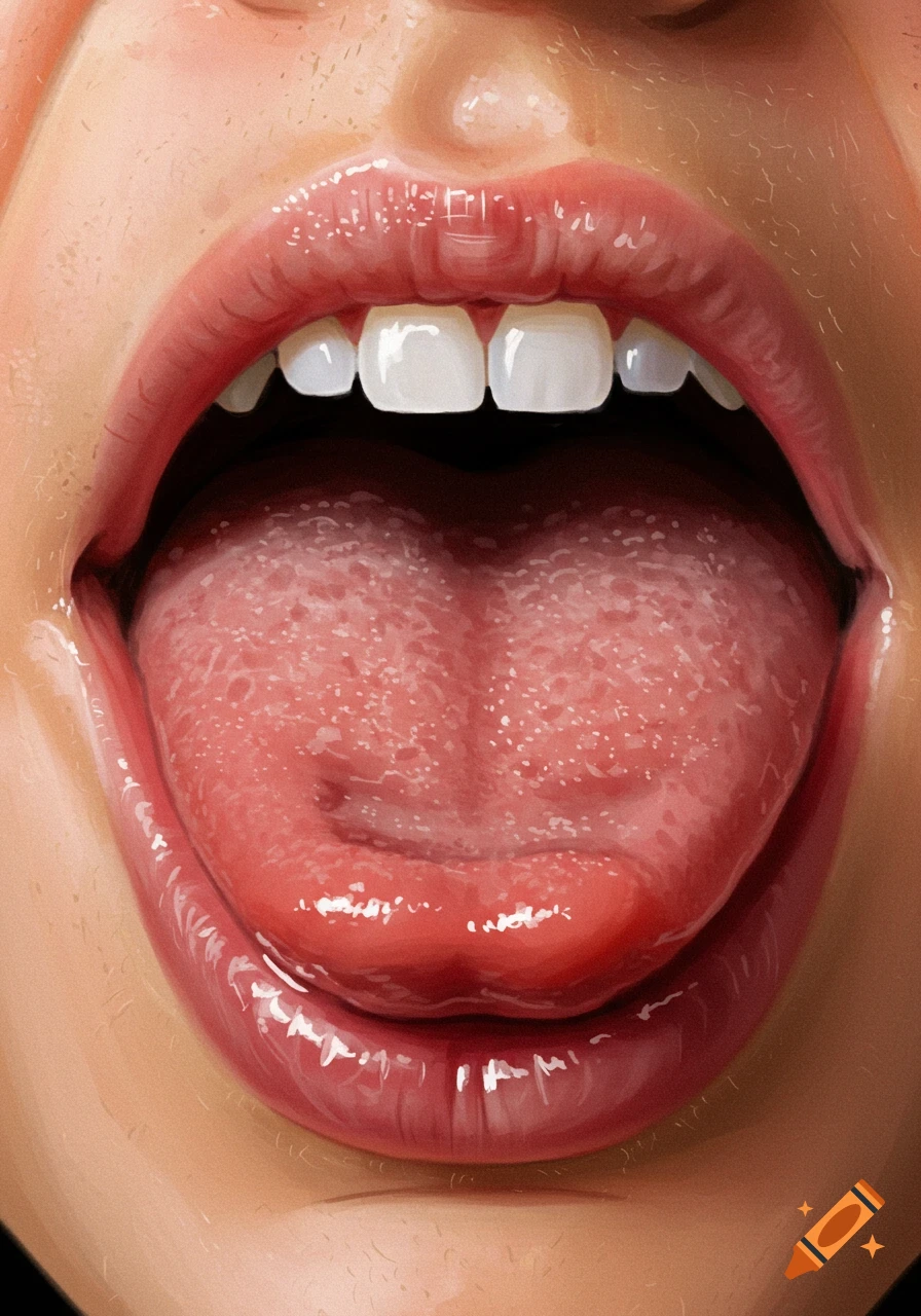 Close-up digital illustration of an open mouth with teeth and tongue visible.
