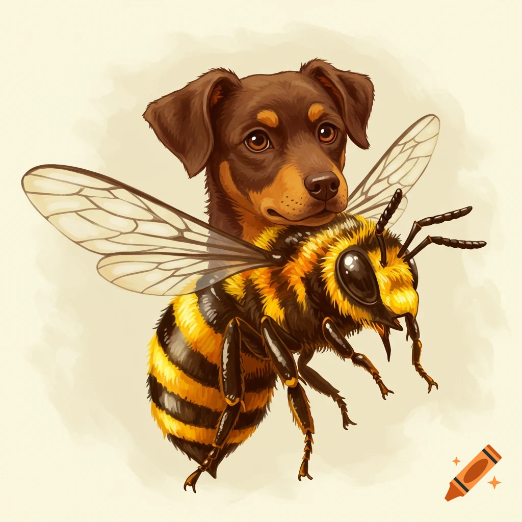 Illustration of a dog's head attached to a bee's body.