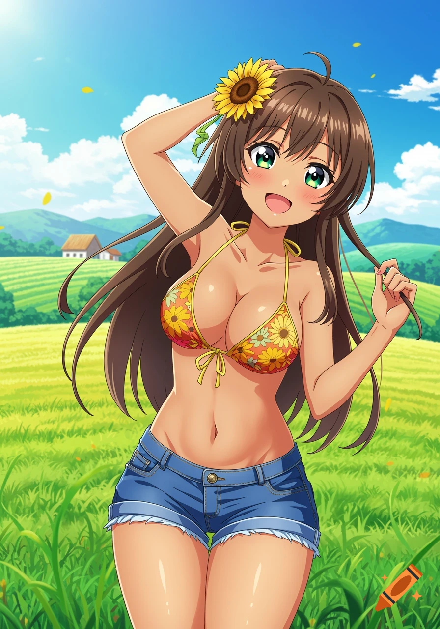 Anime girl in bikini and shorts stands in a field with a sunflower in her hair, smiling.