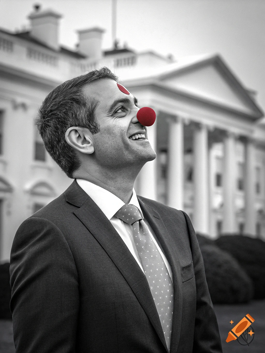 Man in suit with red clown nose and bindi smiles in front of White House