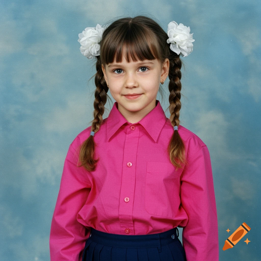 A young girl with braids and white hair bows in a pink shirt stands for a school photo.