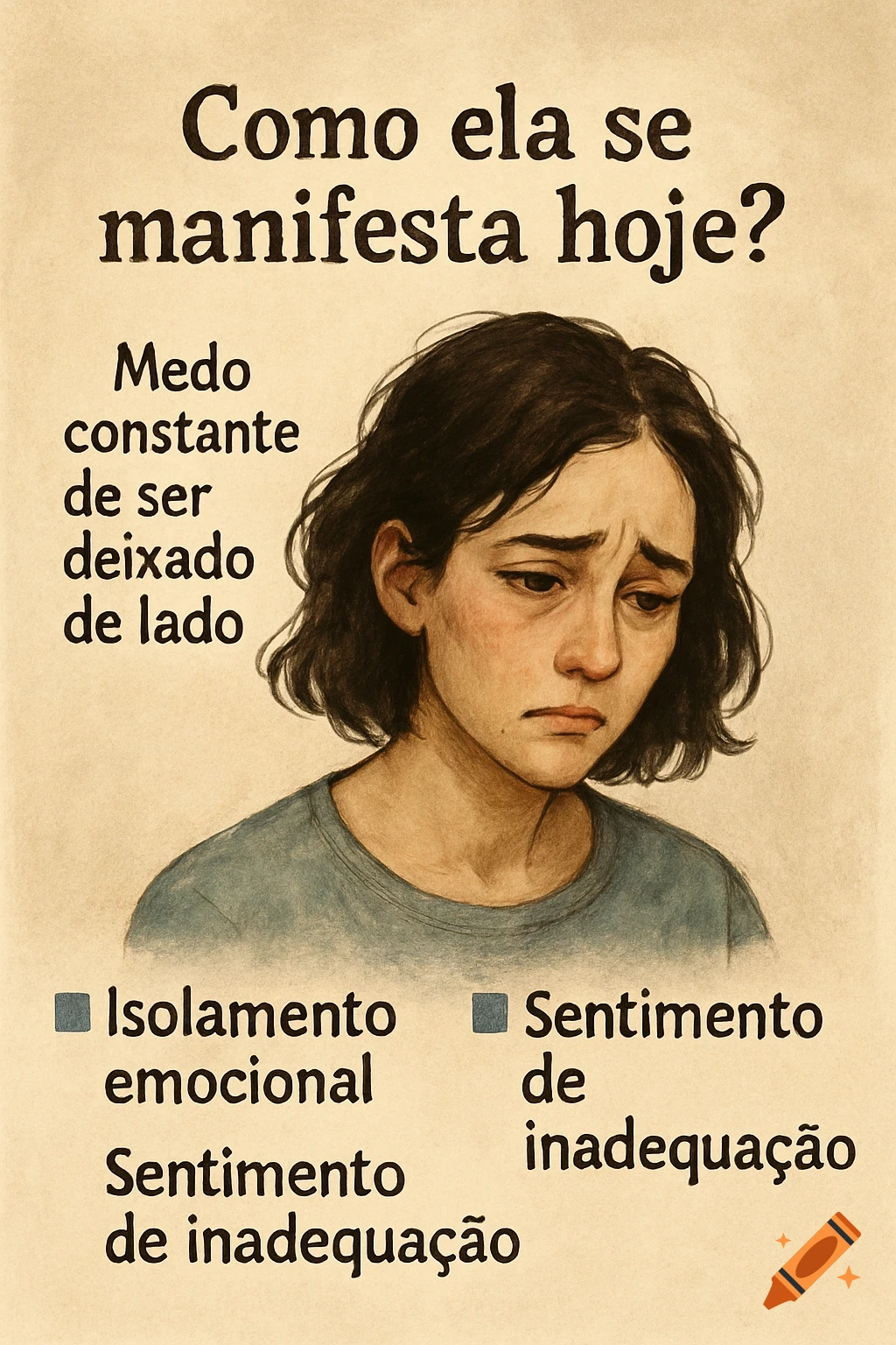 Illustration of a sad young woman with Portuguese text about emotional states.