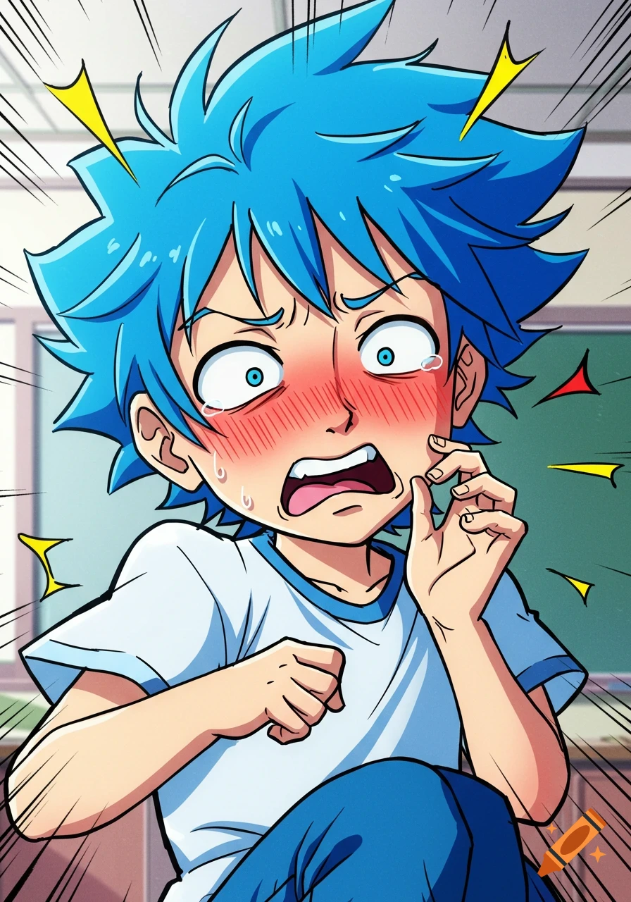 Anime portrait of a shocked boy with blue hair, blushing and sweating, with speed lines.