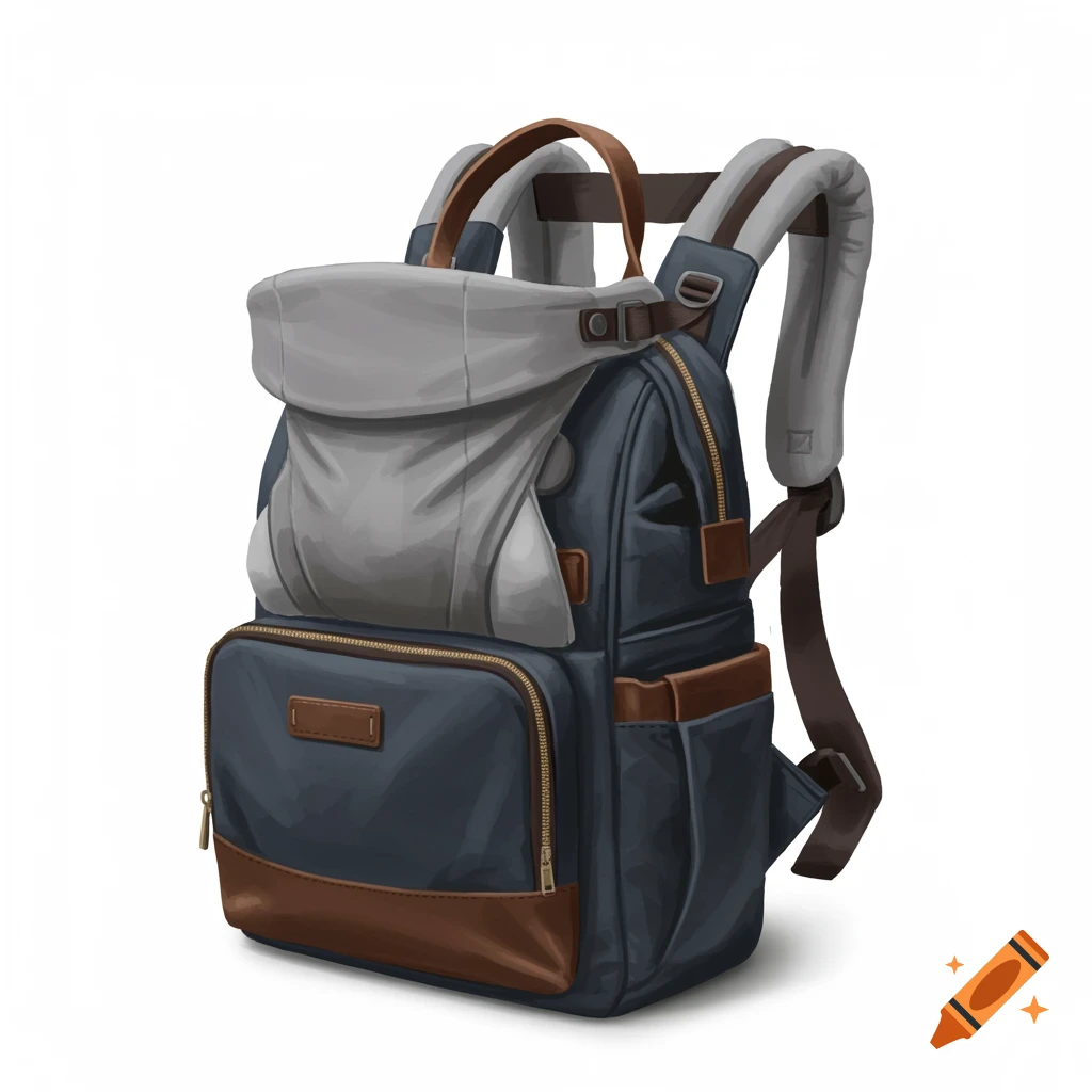 Illustration of a blue and gray backpack with brown leather accents, designed as a baby carrier.