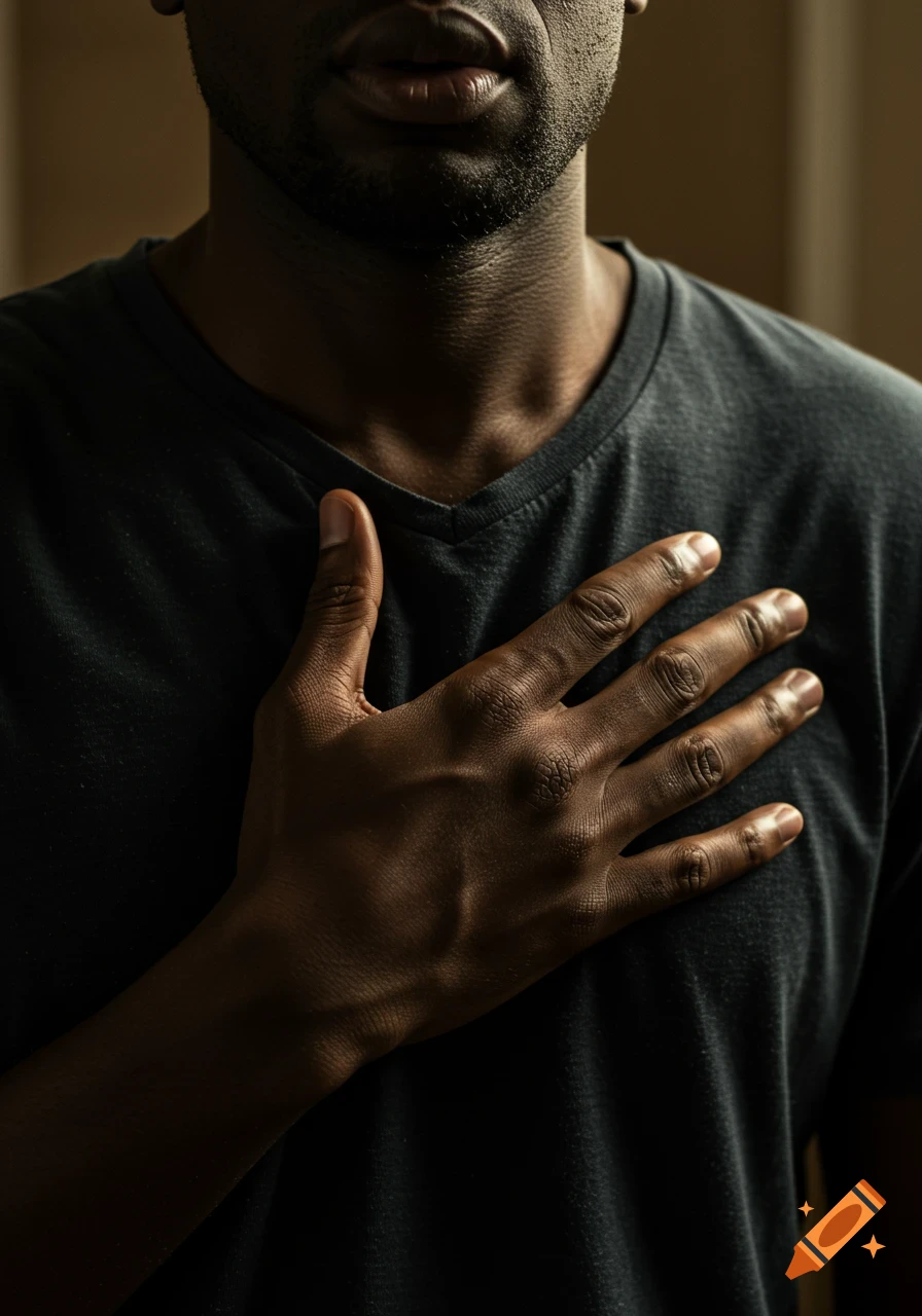 Close-up of a black man's hand on his chest, photorealistic.