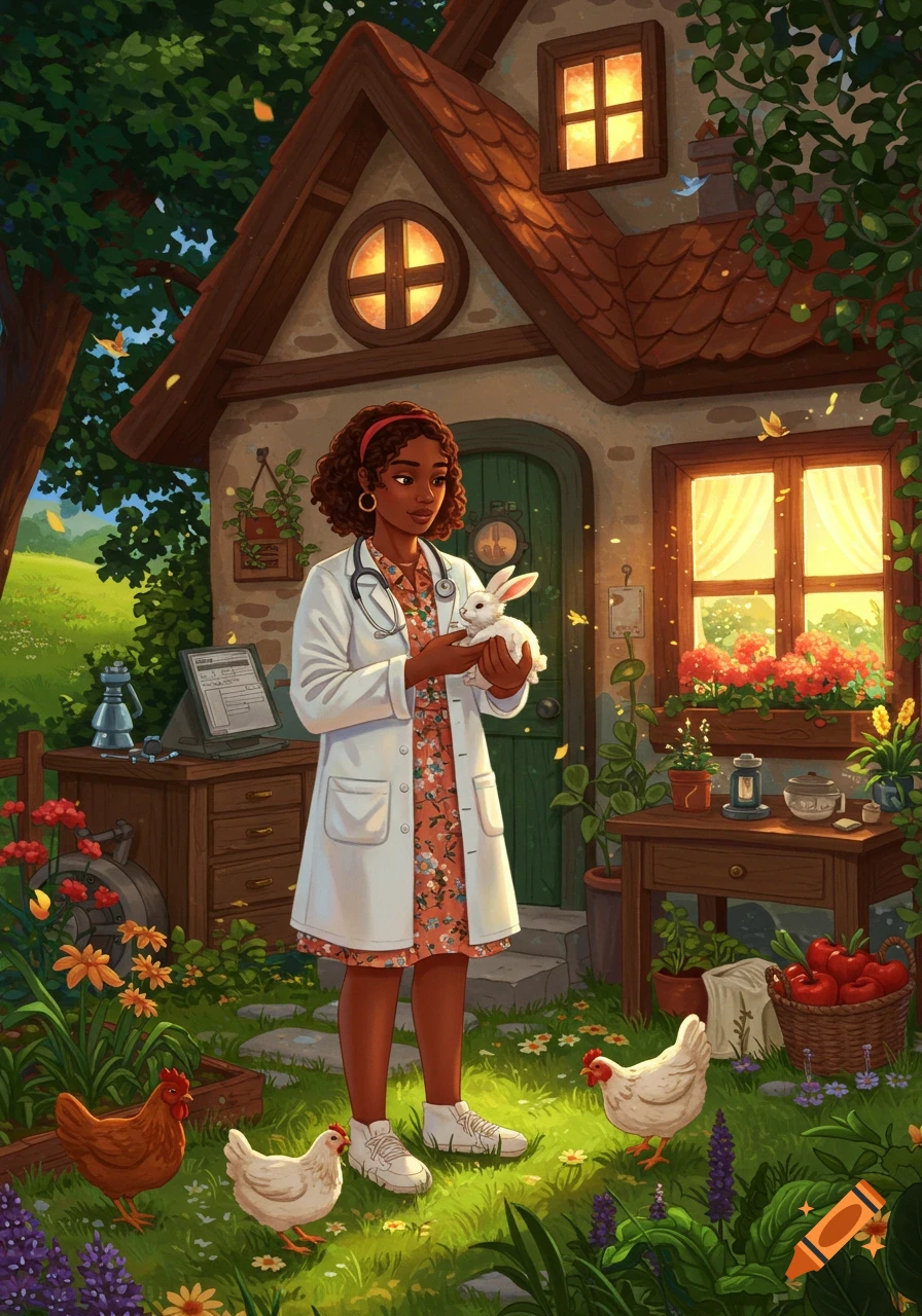 An illustration of a female veterinarian holding a rabbit outside a cottage with chickens.