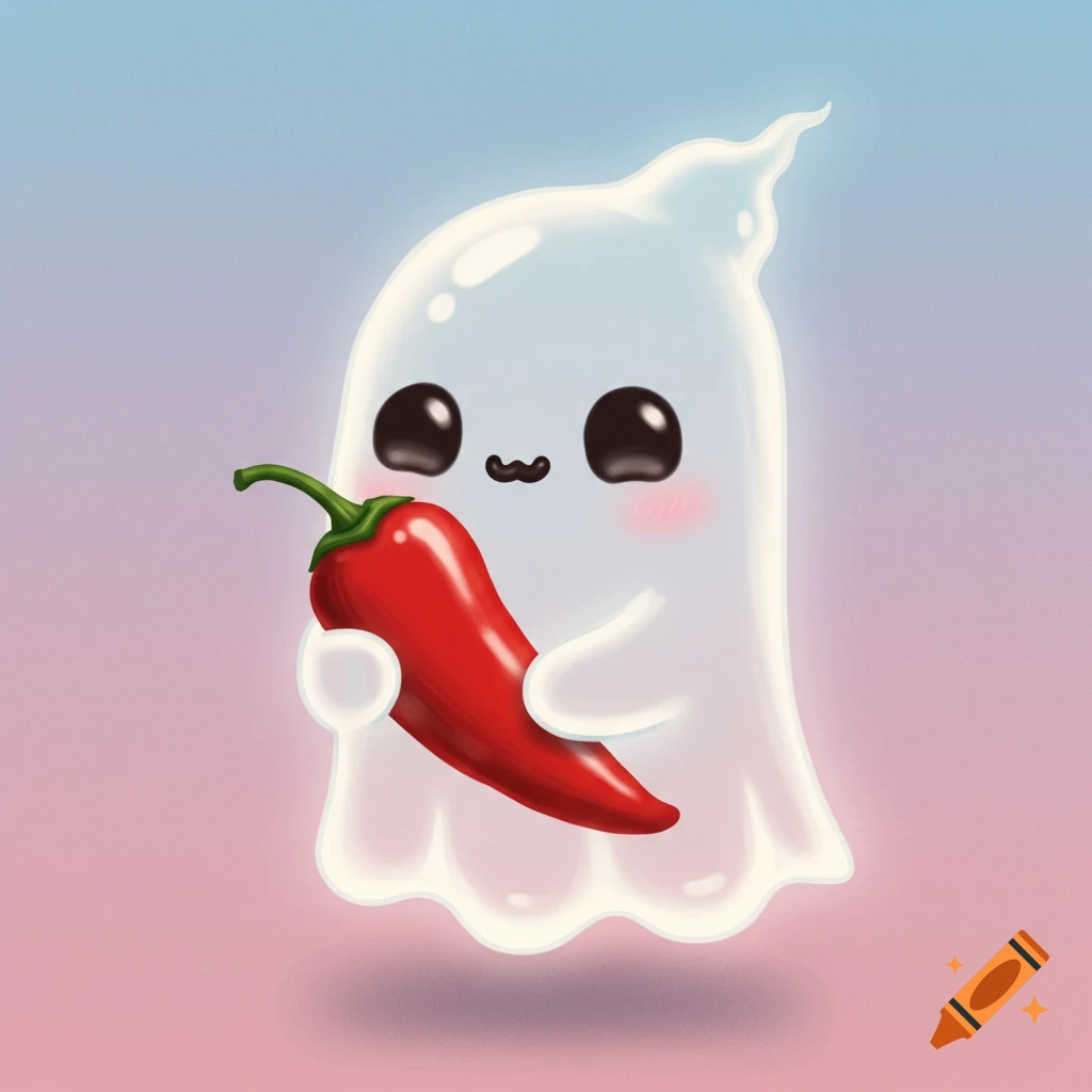 A cute cartoon ghost holds a red chili pepper.
