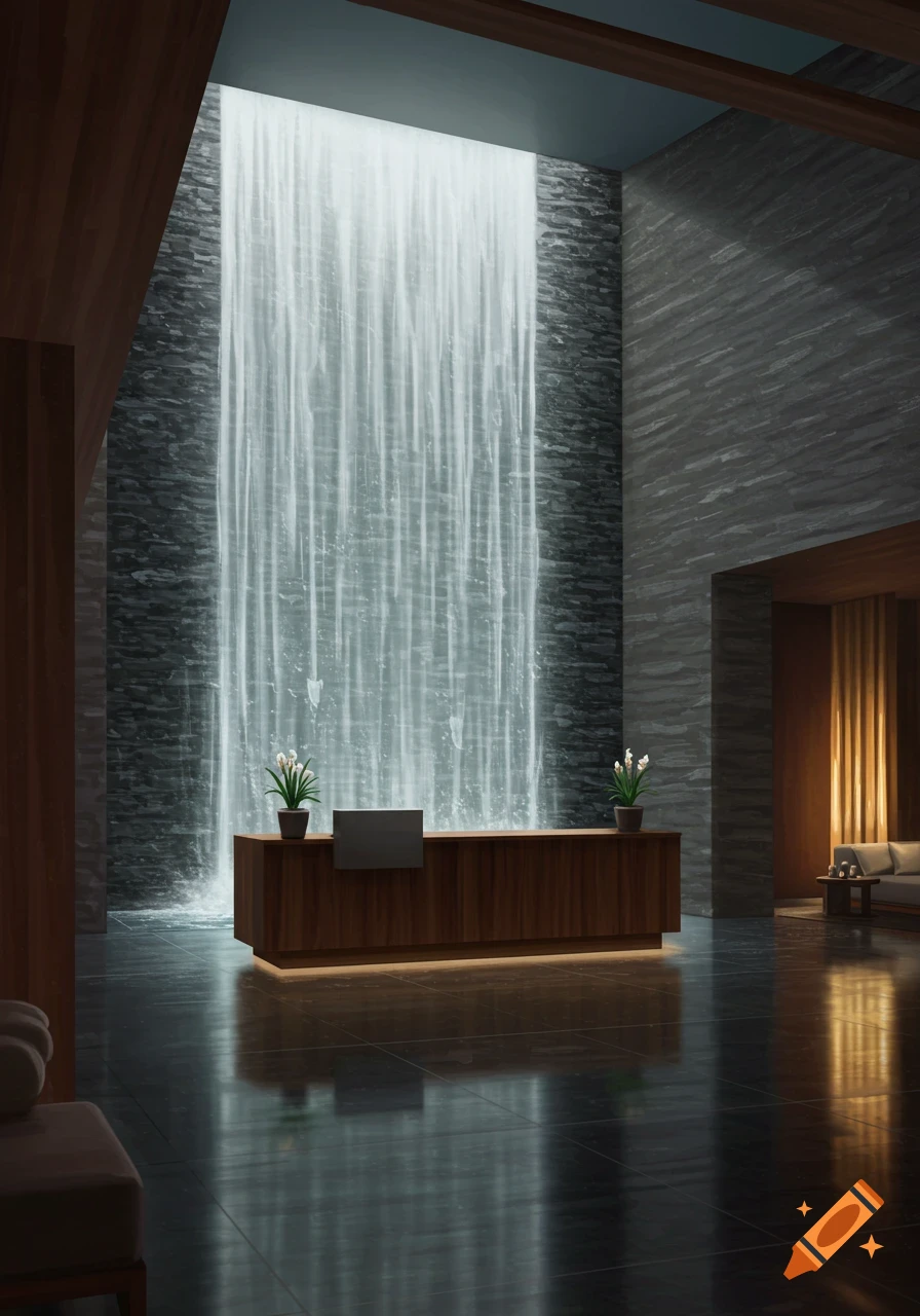 A luxurious spa lobby with a tall indoor waterfall behind a reception desk.