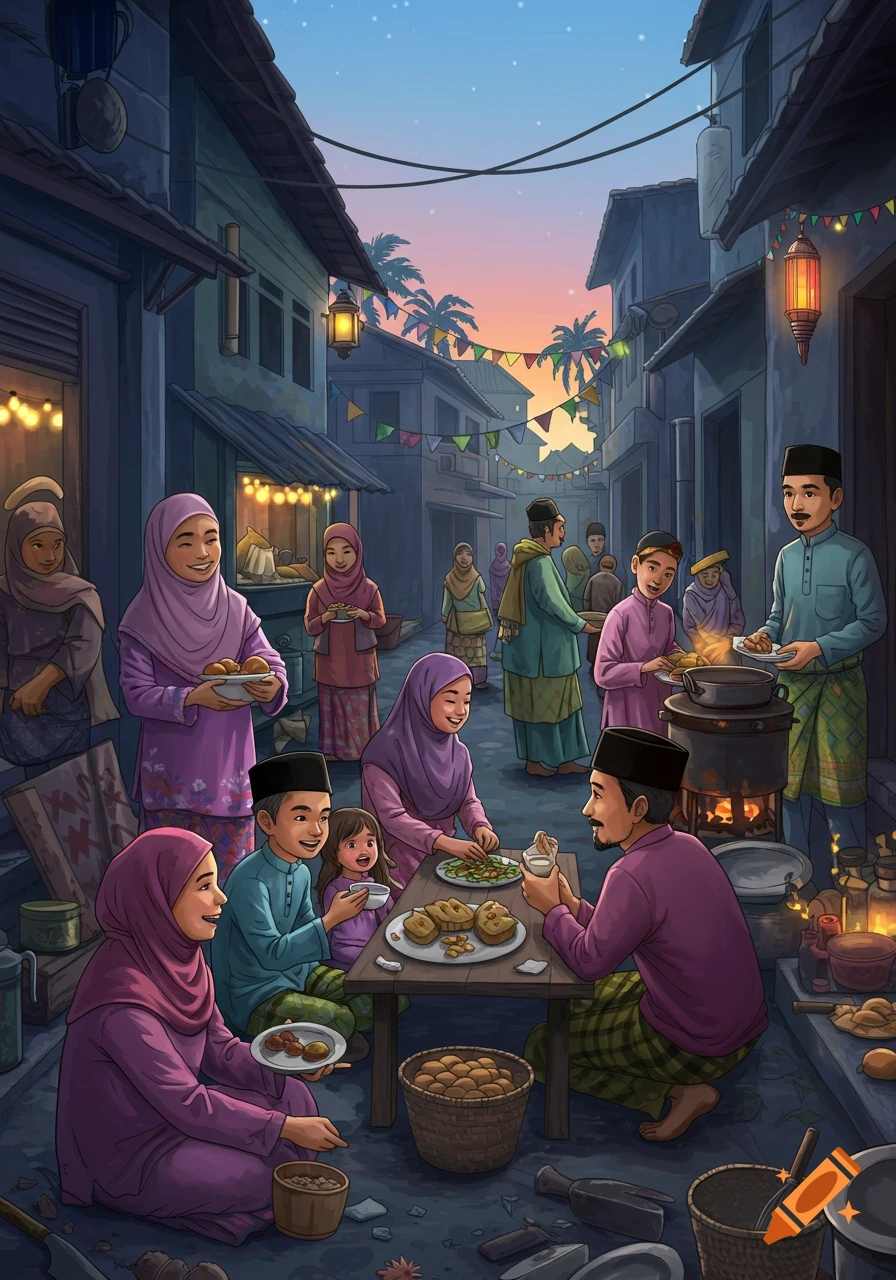 Illustration of people eating outdoors in a village street at sunset