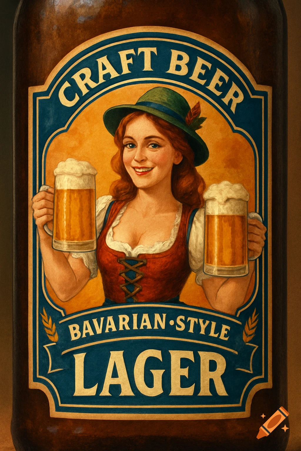 Illustration of a woman in traditional dress holding beer mugs on a craft beer bottle label