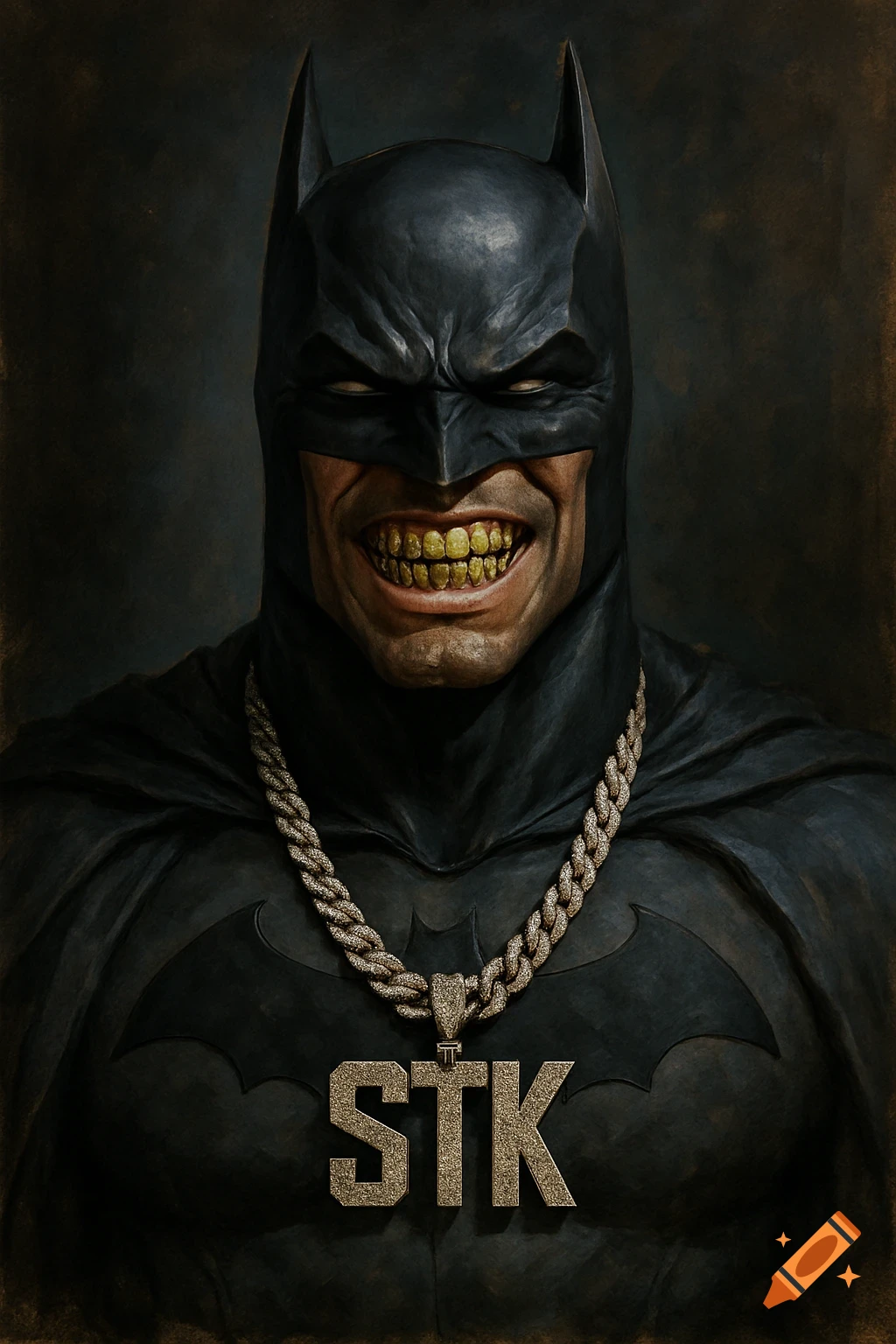 Portrait of Batman wearing gold grillz and a diamond necklace that says STK