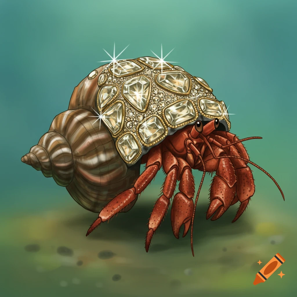 A hermit crab with a sparkling diamond-encrusted shell in an illustrative style.