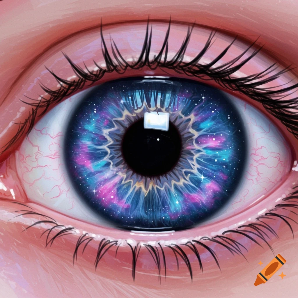 Close-up illustration of an eye with a galaxy in the iris.