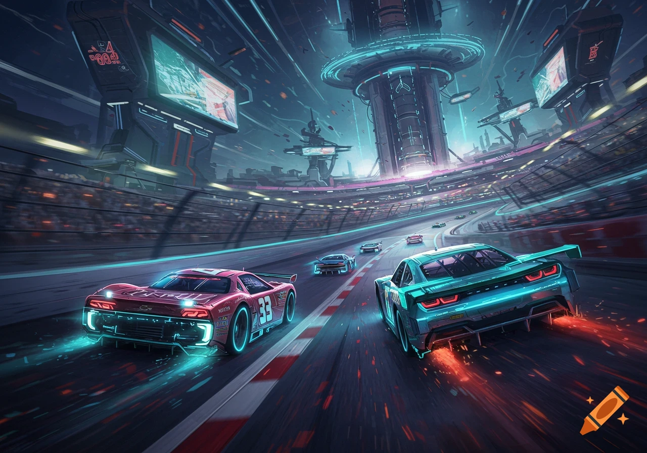 Cyber Racing Futuristic race cars with neon lights speed around a track in a ...