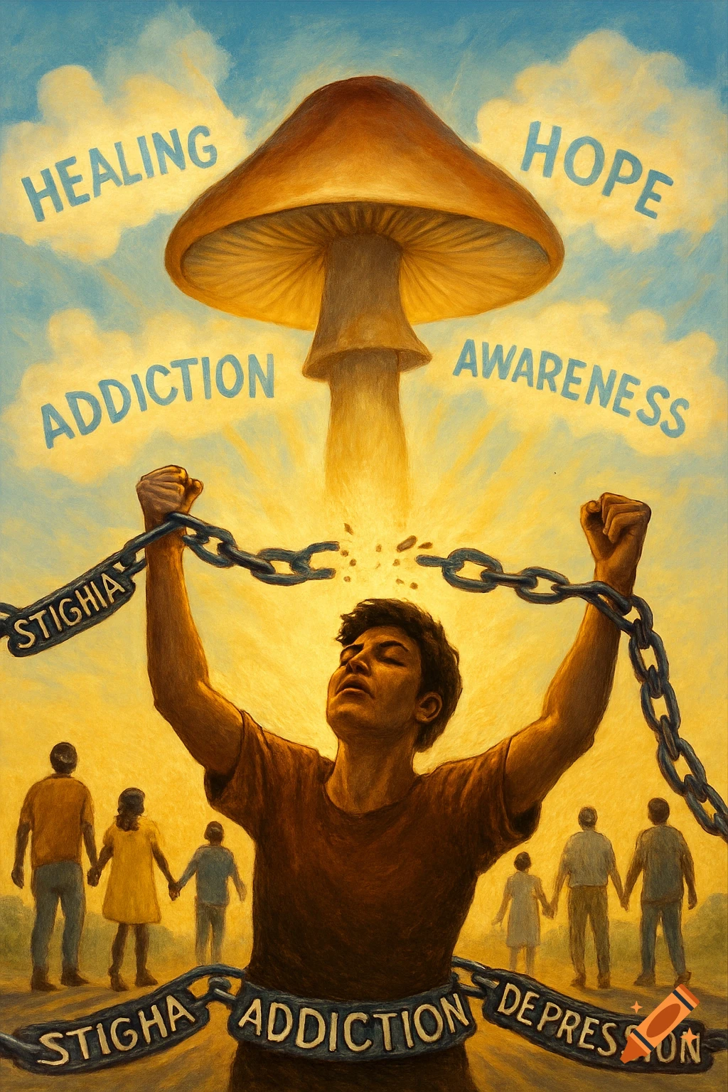 Painting of person breaking chains of stigma, addiction, and depression under a mushroom, with words healing and hope in the sky.