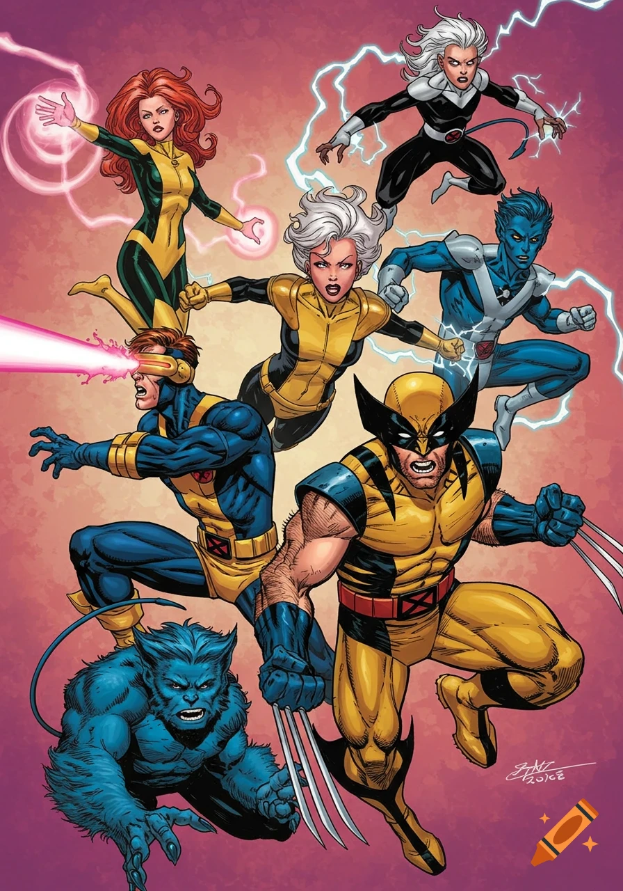 Comic book illustration of X-Men characters including Cyclops, Wolverine, and Storm in dynamic poses.
