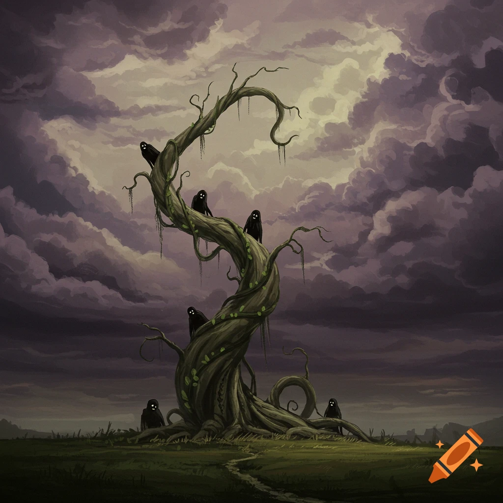 A creepy, gnarled tree with shadowy figures sits in a field under a dark, stormy sky.
