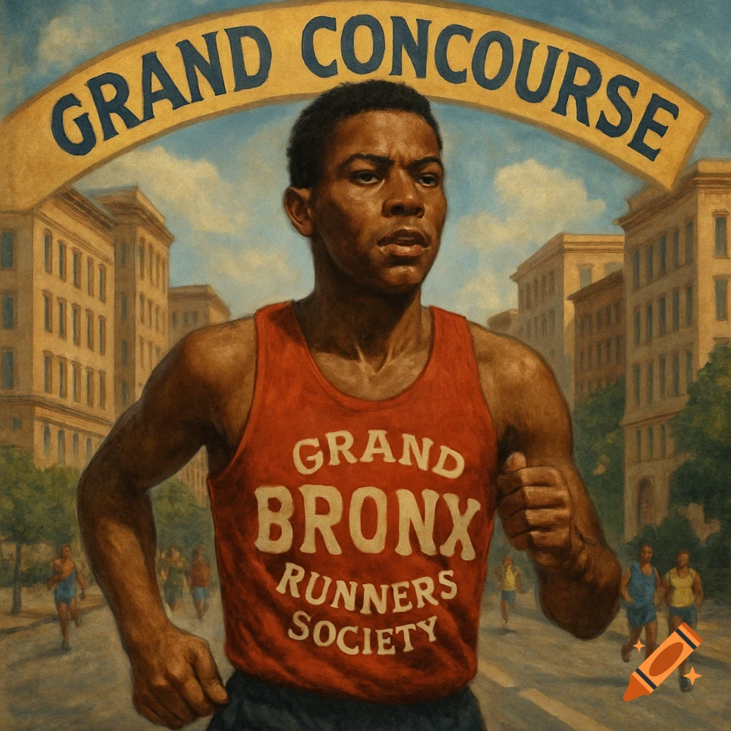 A man in a red tank top runs in a race under a banner that says 'GRAND CONCOURSE' in a city, painted style.