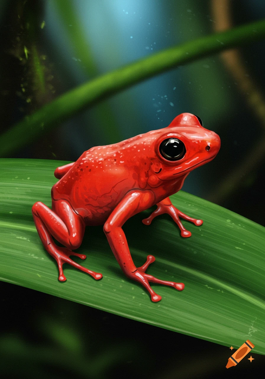 A vibrant red frog with black eyes sits on a large green leaf in a dark jungle setting.