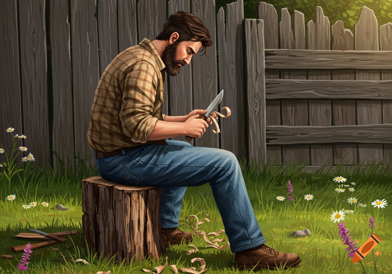 A man with a beard sits on a log stump outdoors, whittling wood with a knife.