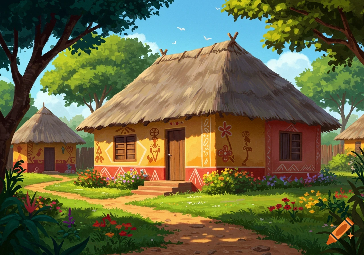 Colorful, decorated houses with thatched roofs in a sunny African village landscape with flowers. Illustration.