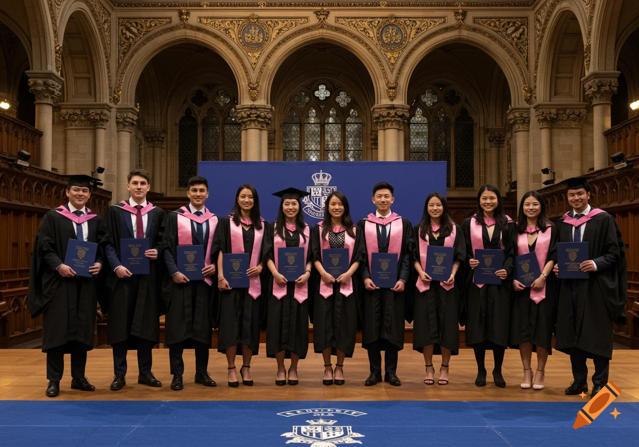 Group of students in black and pink graduation gowns holding diplomas in a large hall.