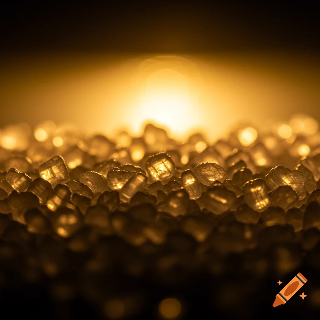 Macro photo of illuminated clear grains or crystals backlit by golden light.
