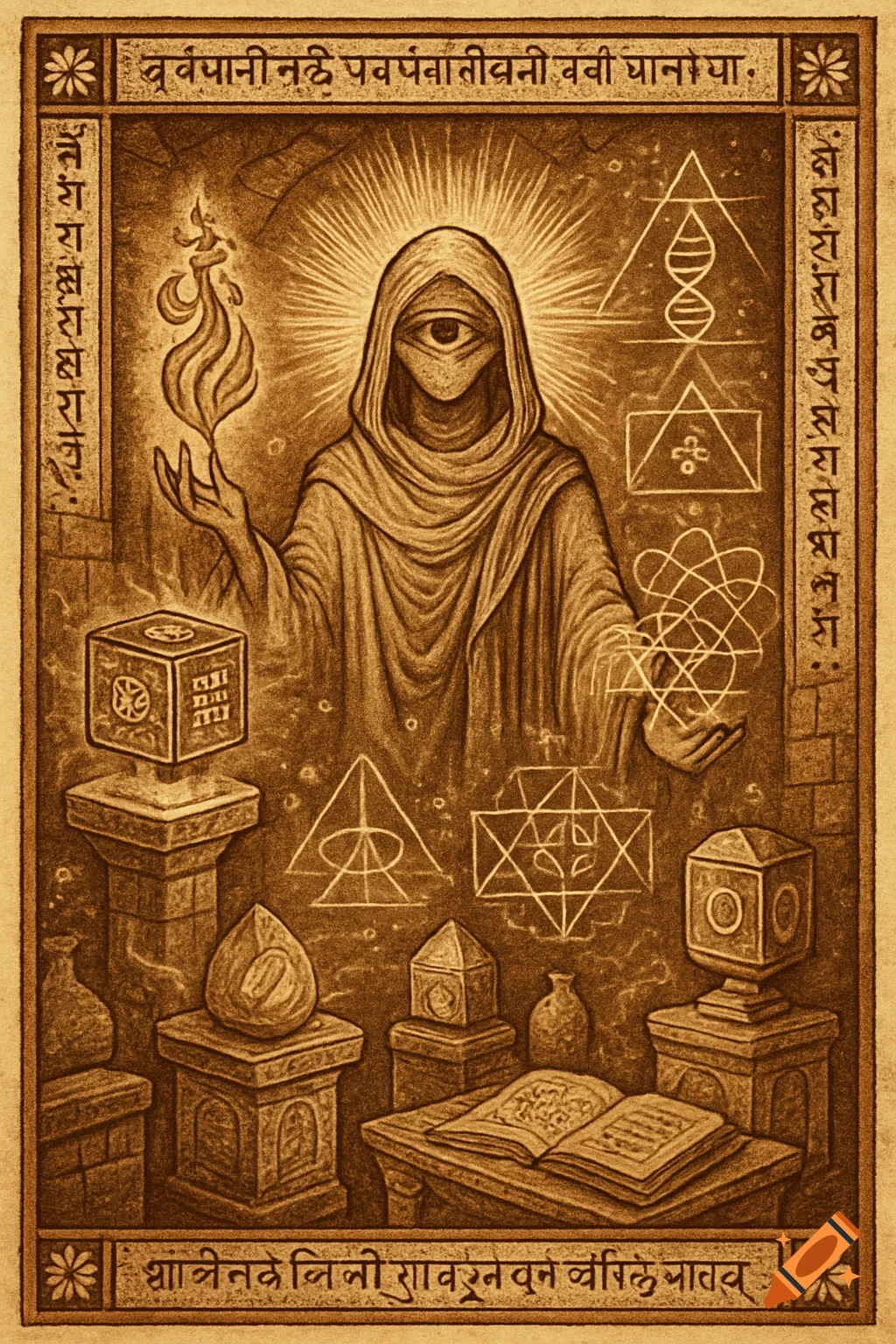 Robed figure with a single eye holding a flame and geometric shapes, surrounded by symbols in an ancient manuscript style.