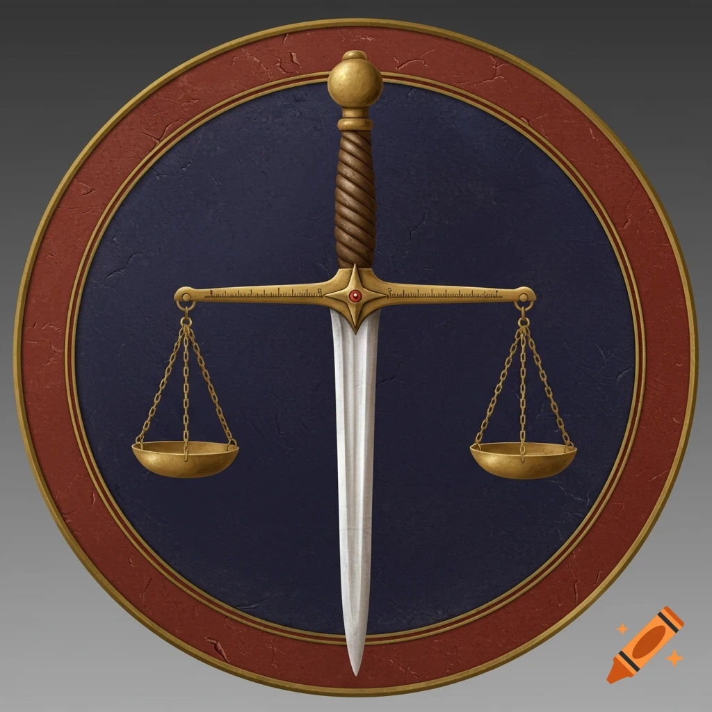 An ancient holy symbol depicting a sword with scales hanging from its crossguard, enclosed in a circle.