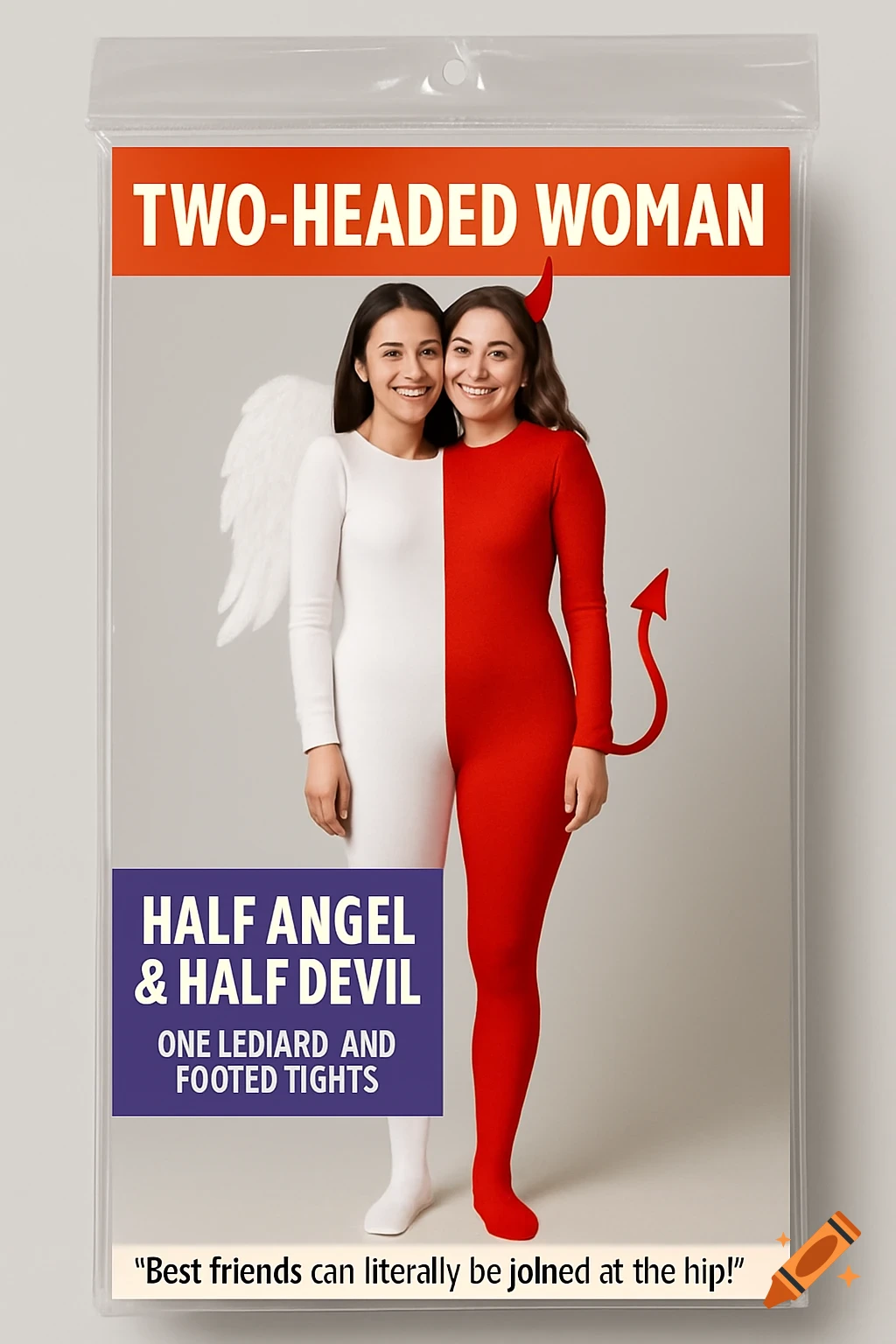 A photo of costume packaging for a two-headed woman, half angel half devil costume.