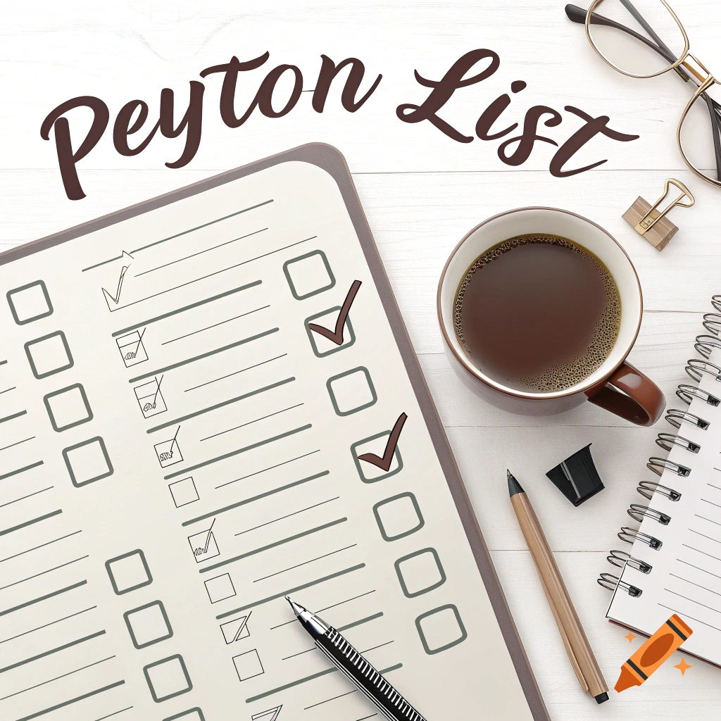 Top-down view of a clipboard checklist, coffee cup, pens, glasses, and notebook on a desk with 'Peyton List' text overlay.