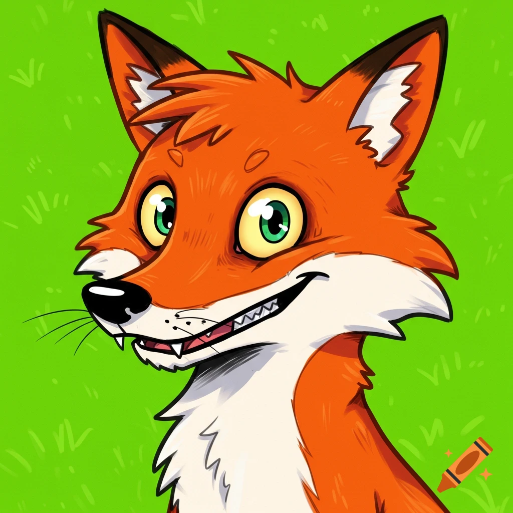 A cartoon portrait of a smiling fox against a green background.