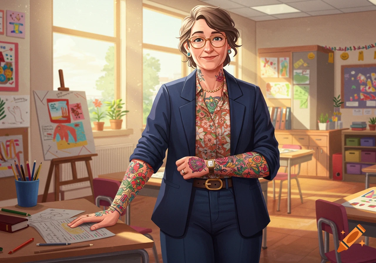 A smiling teacher with visible arm tattoos stands in a brightly lit classroom.
