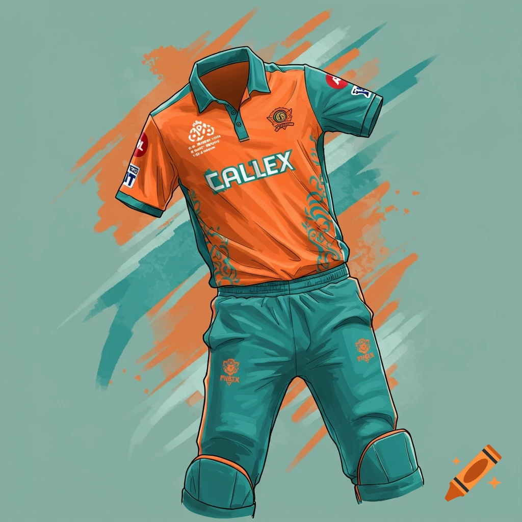 An orange and teal cricket uniform is illustrated against a background of brush strokes.