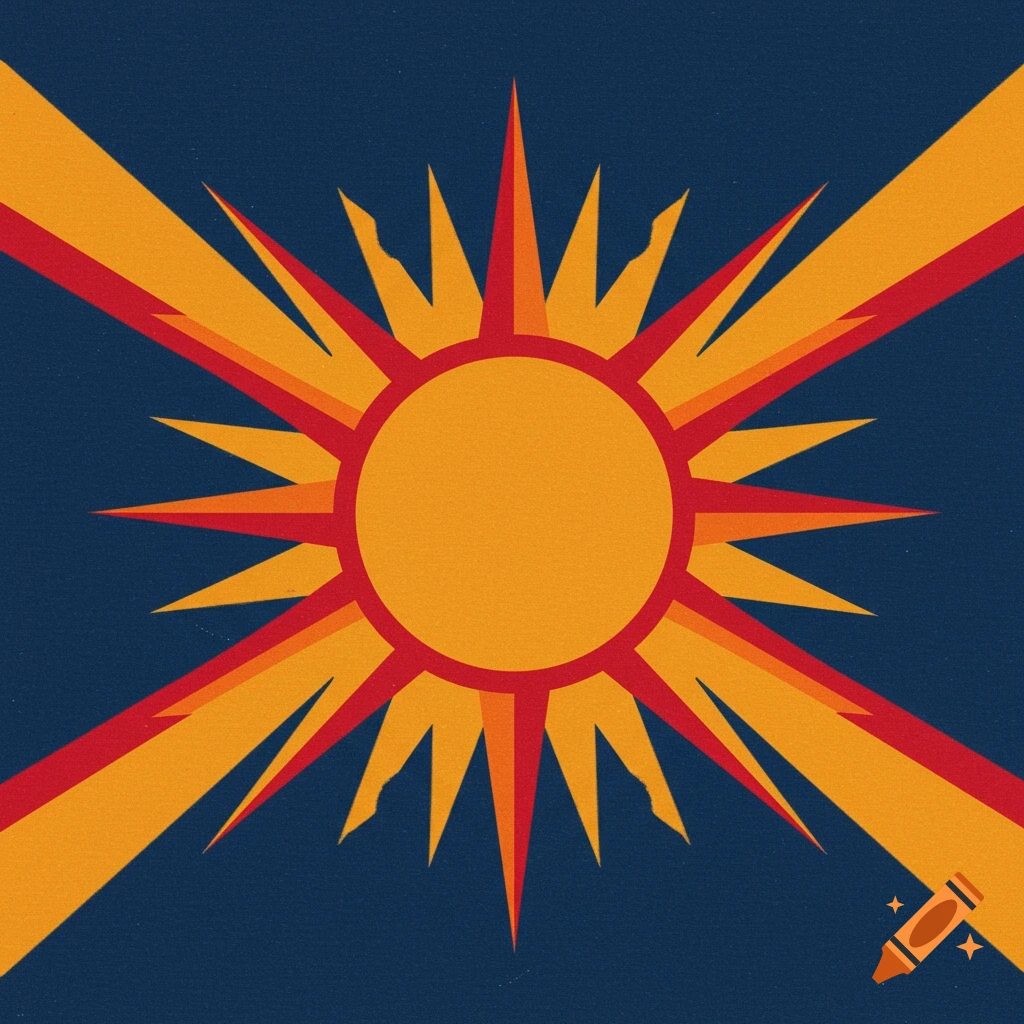 A stylized flag featuring a central sun symbol with orange and red rays, on a dark blue background with diagonal orange and red stripes.