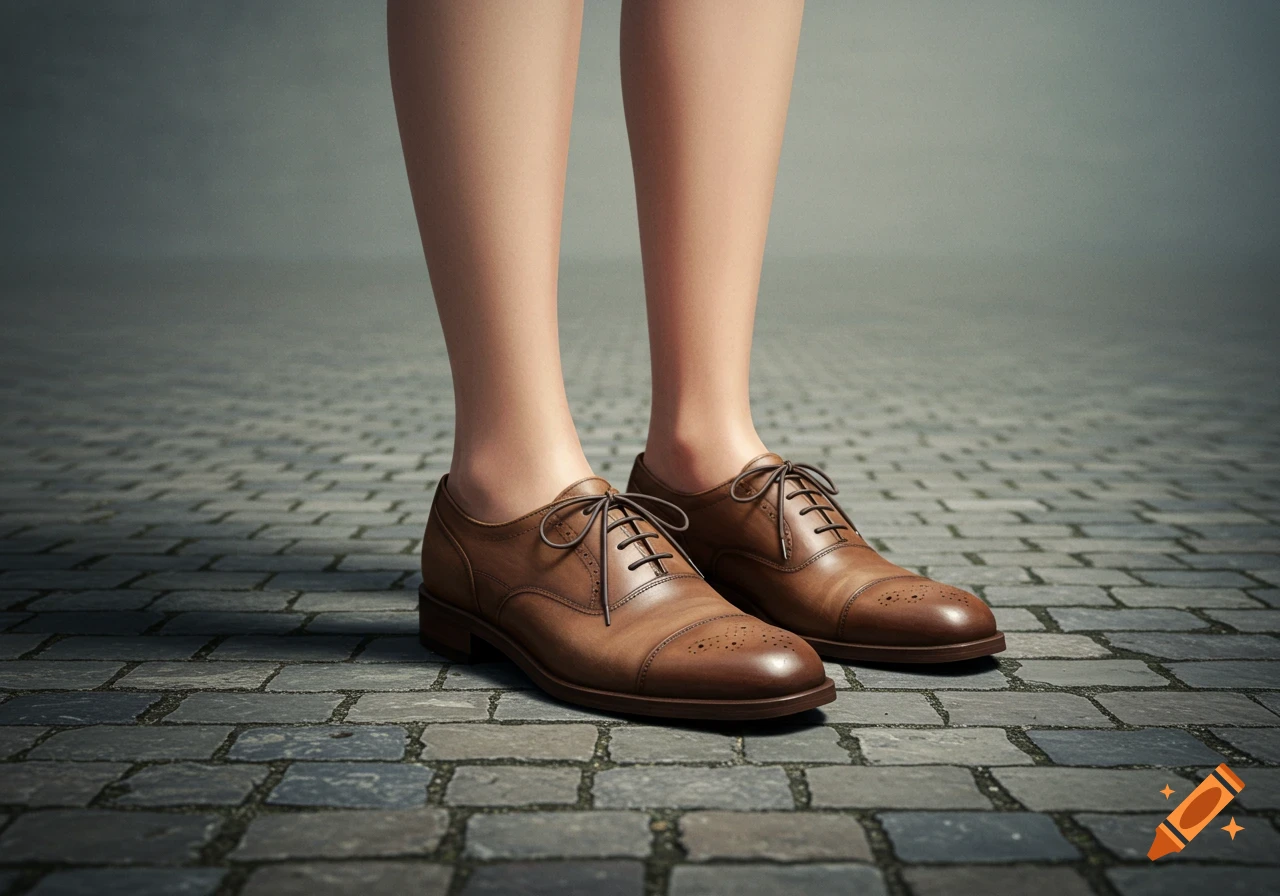 Legs and feet wearing brown leather shoes standing on cobblestones.