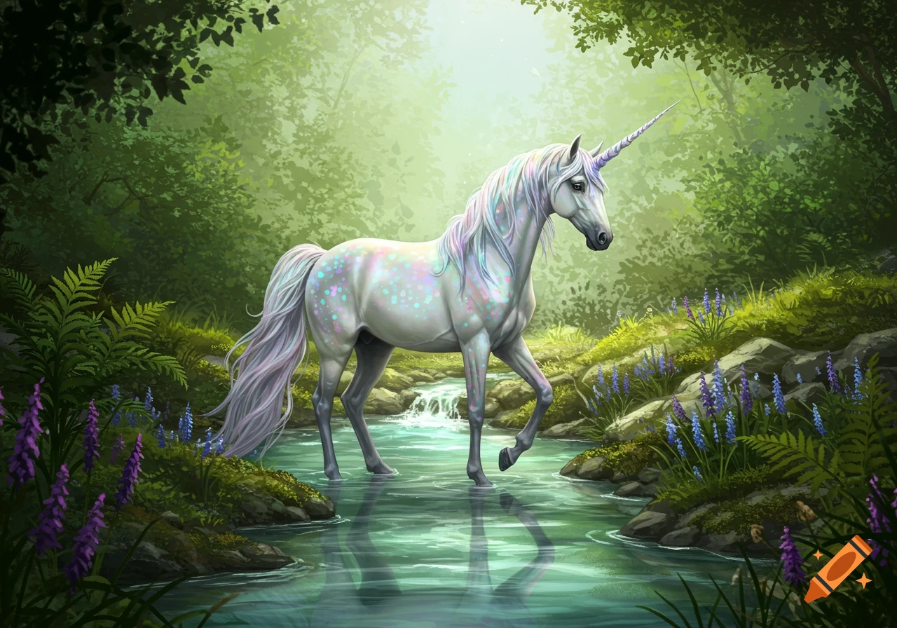 A unicorn with an iridescent coat stands in a forest brook.