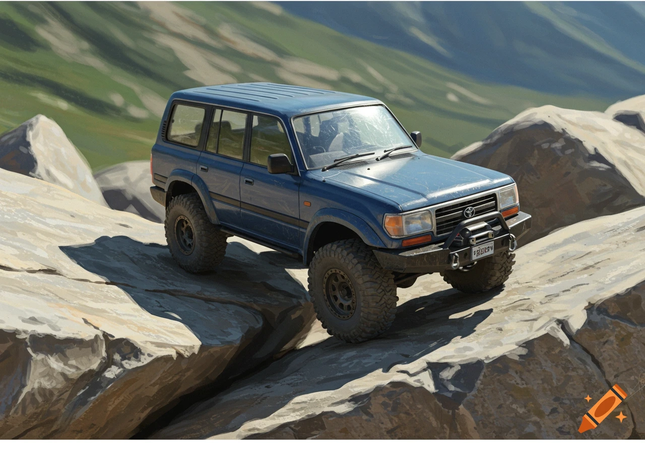 A blue Land Cruiser climbs over large rocks in a sunny landscape.