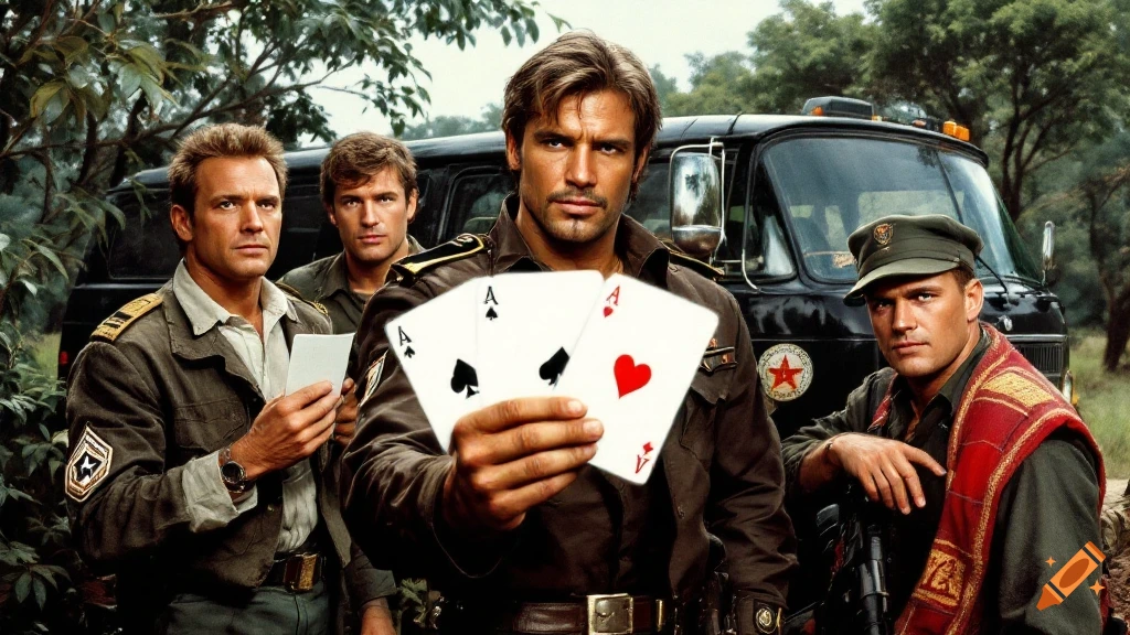 Four men in military uniforms outdoors, one holding playing cards. A black van is in the background.