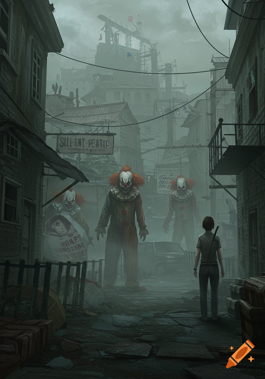 Person faces giant clowns in a foggy, dark city street.