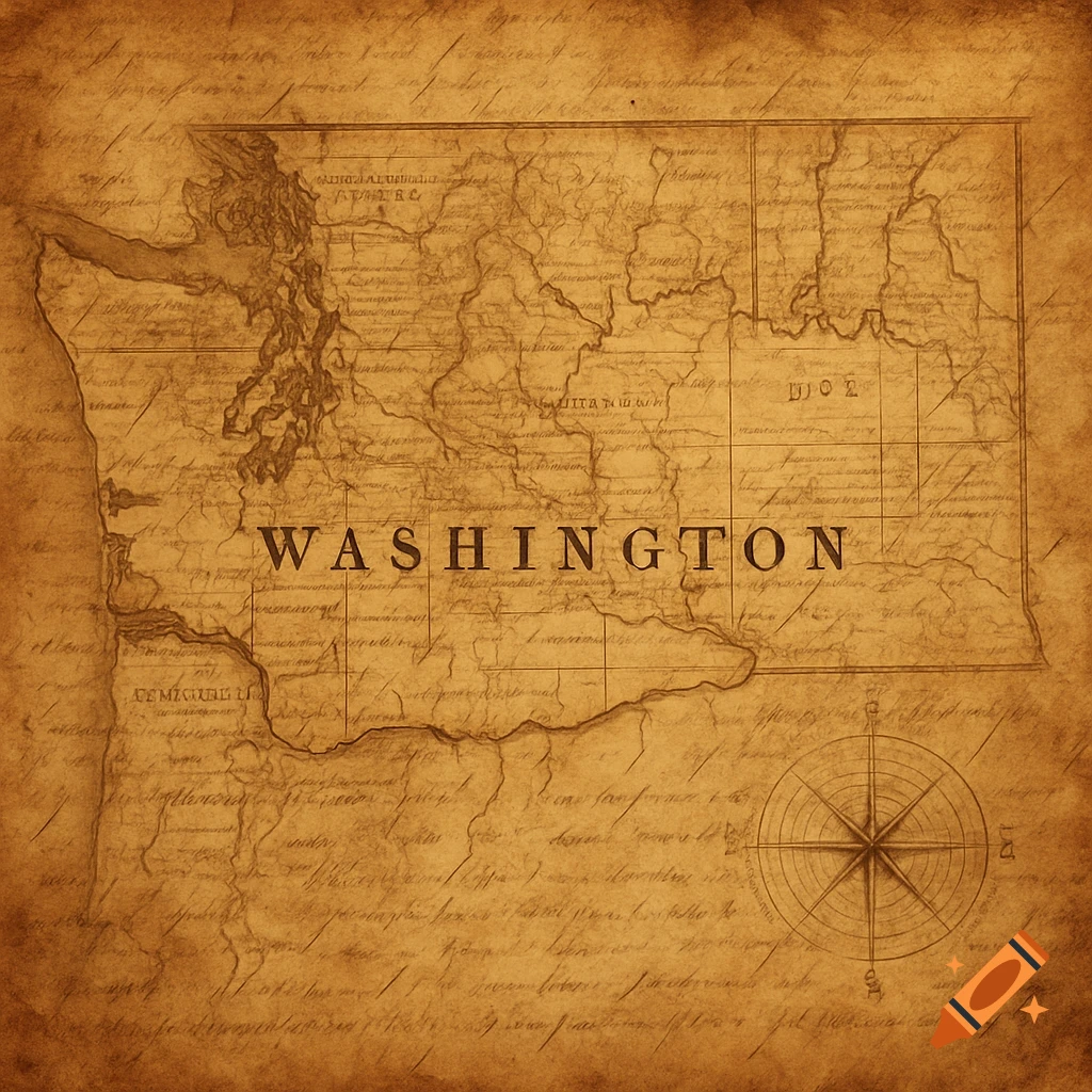 Vintage map of Washington state on aged parchment with handwritten details and a compass rose.