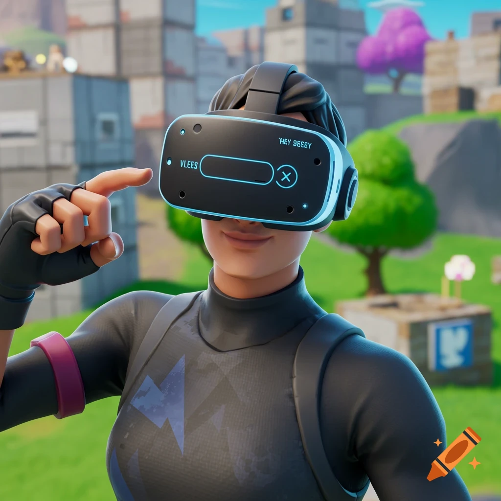 Fortnite character wearing VR headset and pointing at it