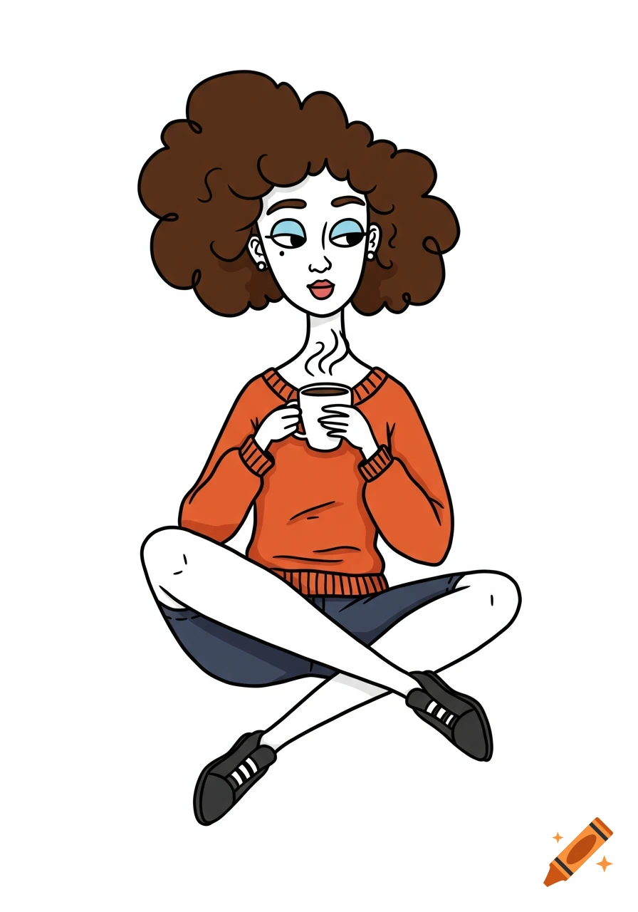 A cartoon illustration of a woman with curly hair sitting cross-legged and holding a steaming mug of coffee.