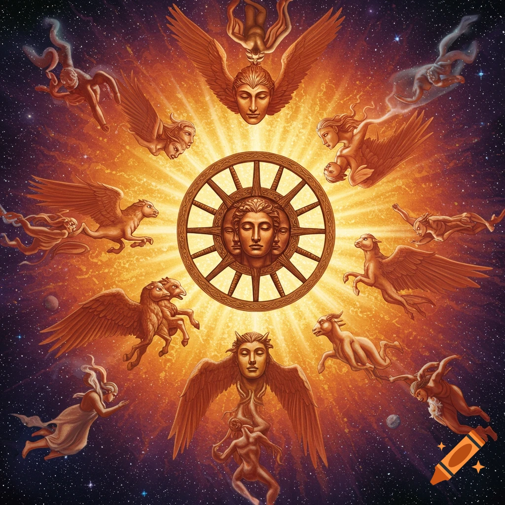 Detailed illustration of a spoked wheel with faces, surrounded by winged figures and animals in a cosmic space.